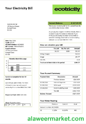 United Kingdom Ecotricity electricity business utility bill template in Word and PDF formats